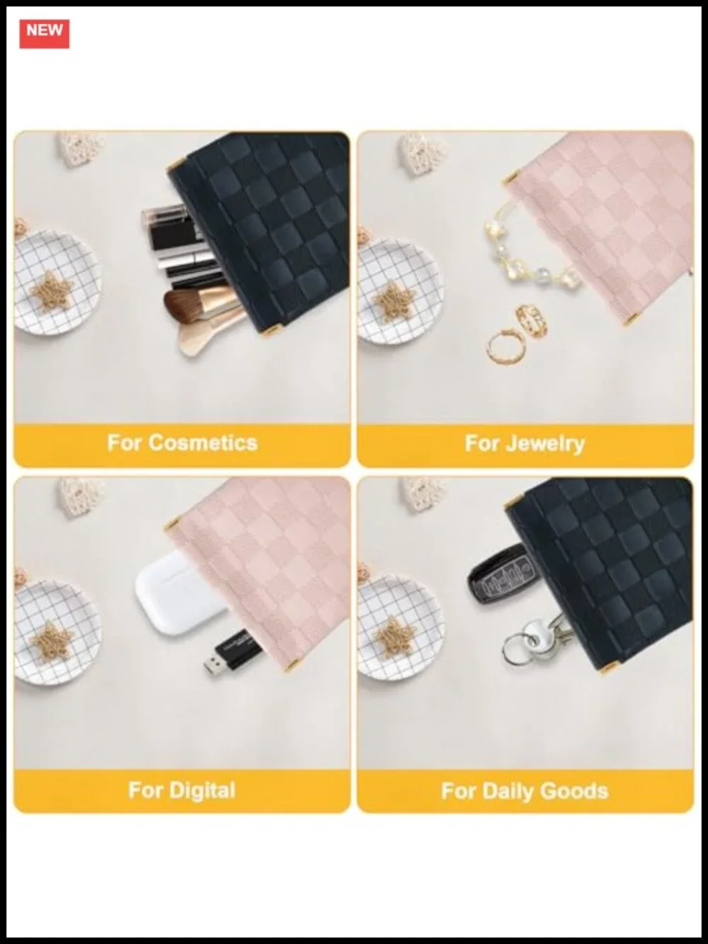 2 PCS Small Makeup Bag for Women, Mini Checkered Cosmetic Pouch Waterproof
